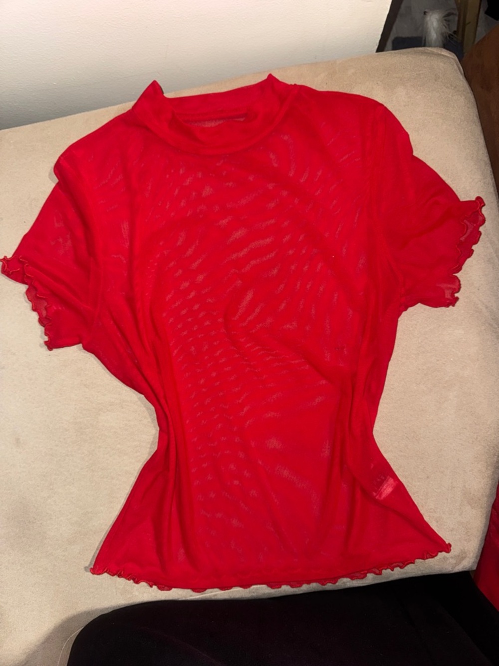 SHEIN Red Sheer Short-Sleeve Mock Neck Top
